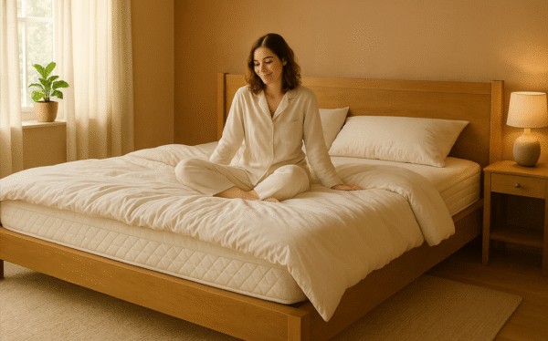 Matrair-matras in een lichte slaapkamer, met een vrouw die haar ligcomfort instelt