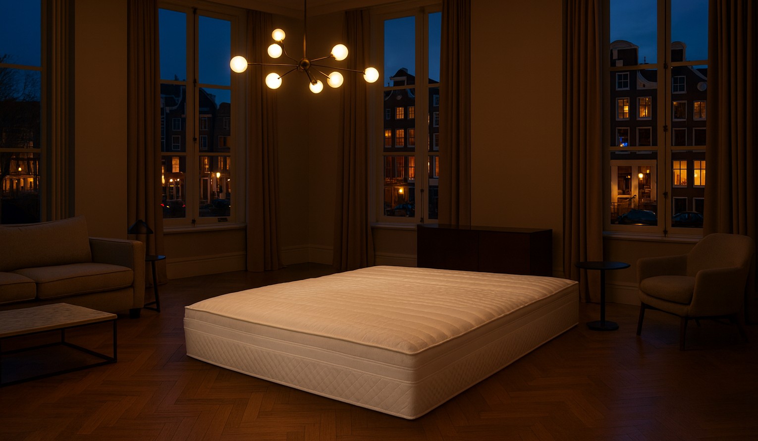 Matrair-matras met doorgestikte hoes in een Amsterdamse slaapkamer
