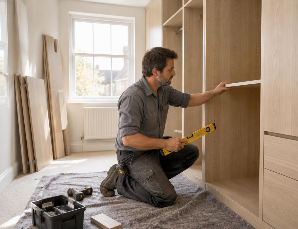 Man zet een plank in een kast op maat