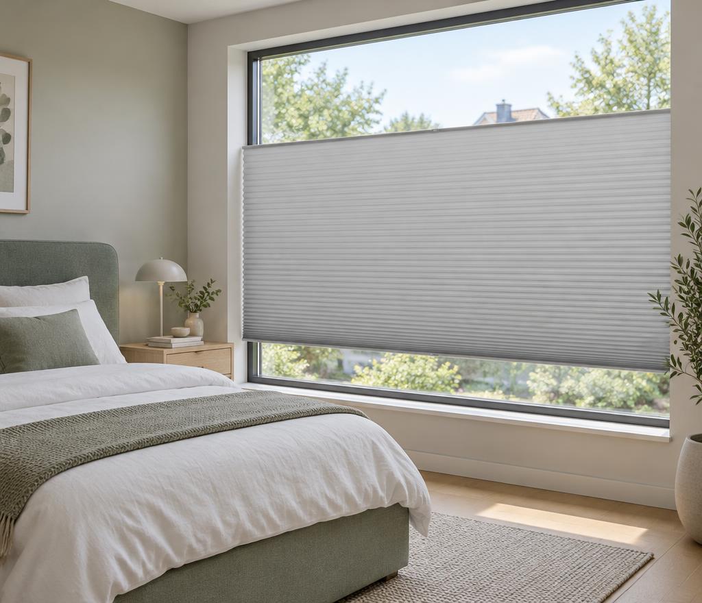 Slaapkamer met een honingraatshade in het midden van het raam en daglicht erboven