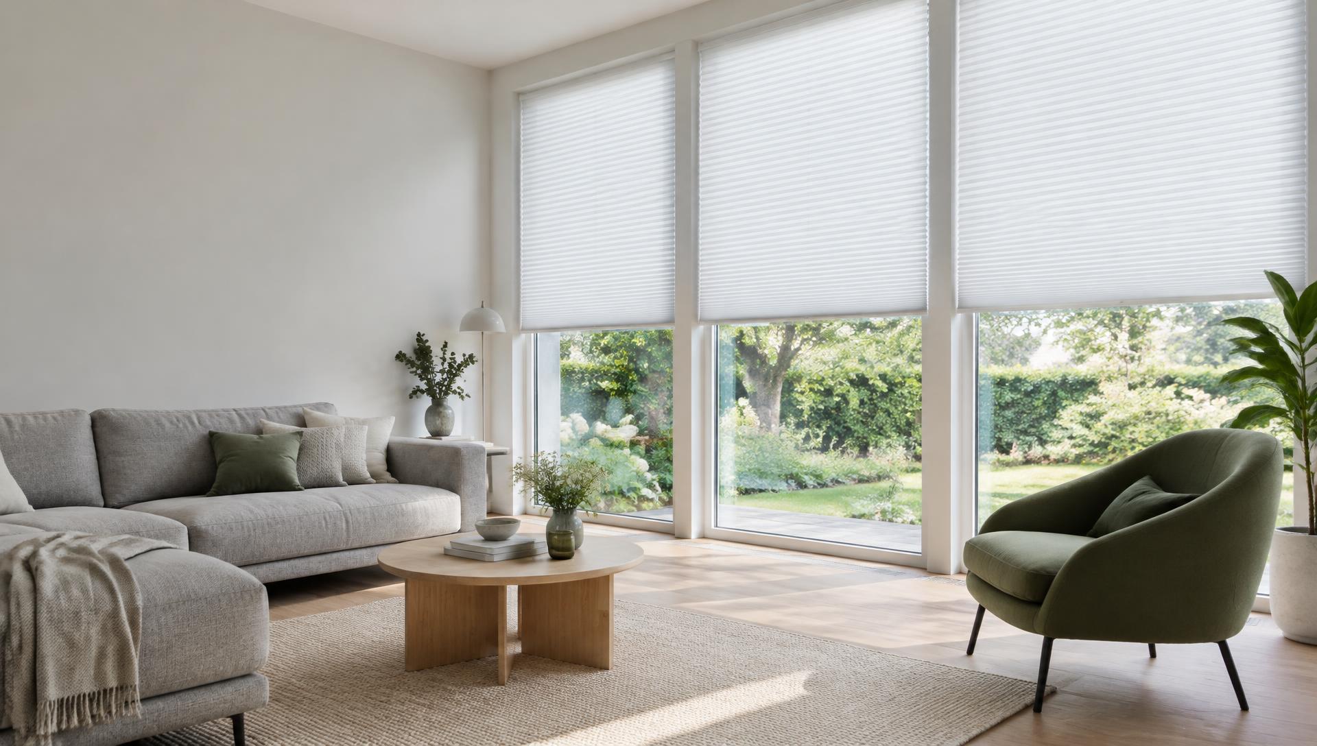 Lichte woonkamer met witte honingraatshades voor grote ramen