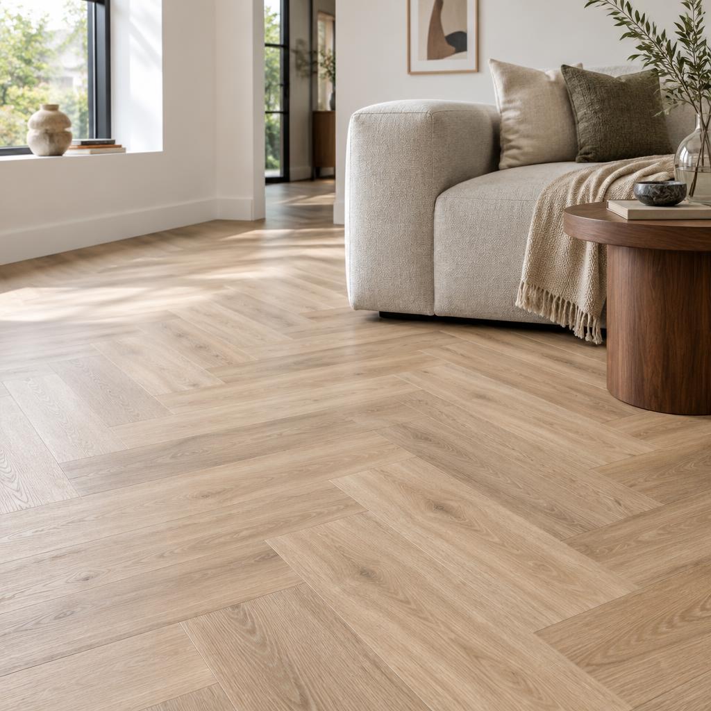 Licht eiken visgraatvloer in een moderne woonkamer