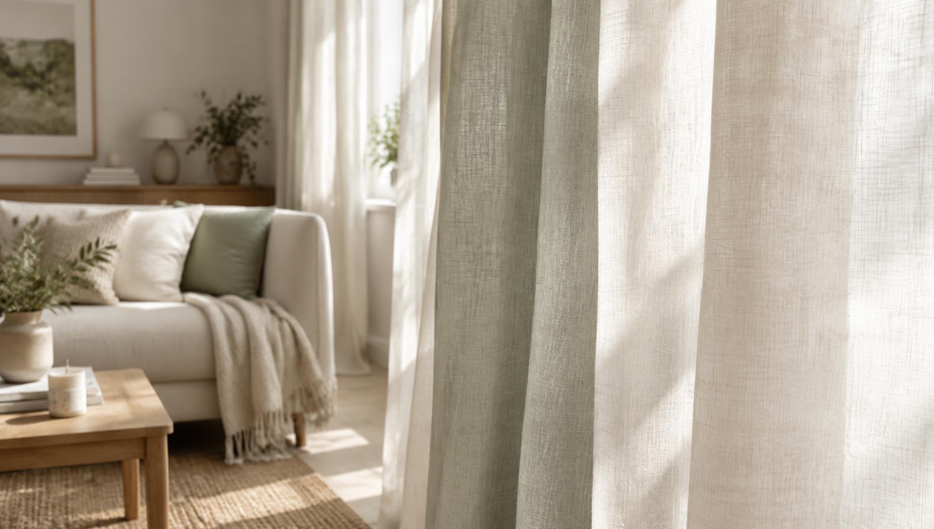 Linnen gordijnen in zacht ochtendlicht met een lichte woonkamer op de achtergrond