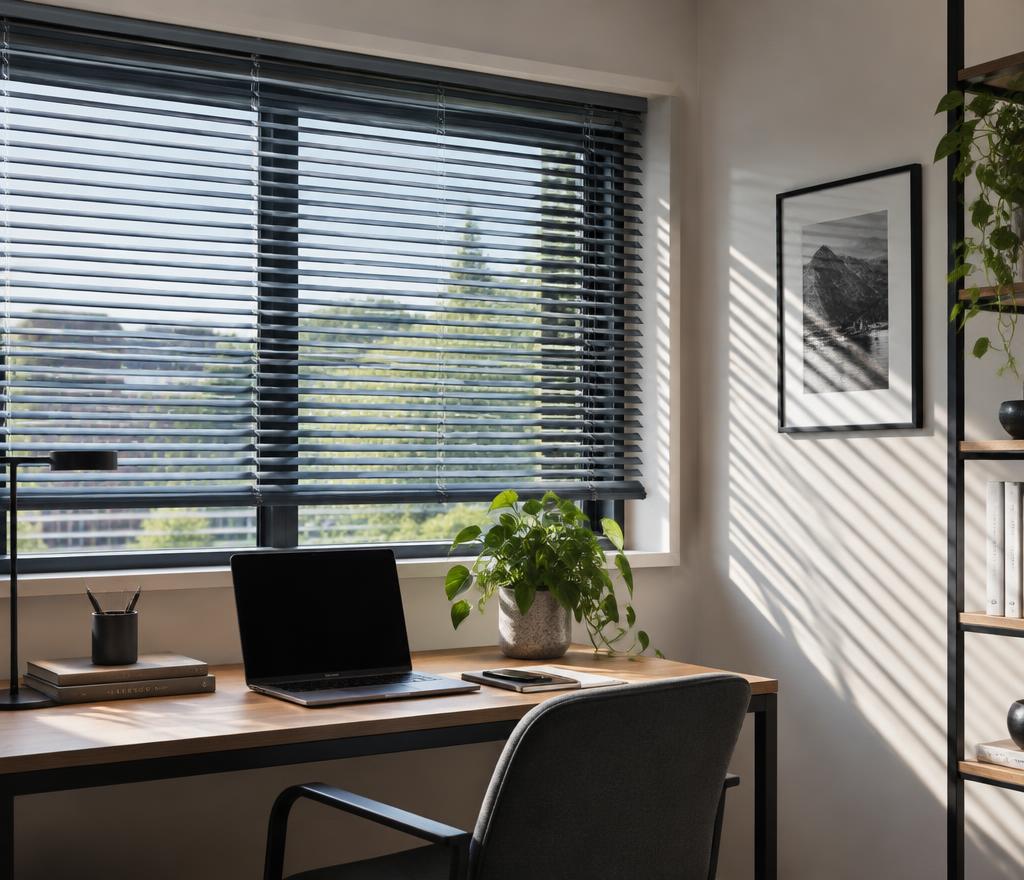 Werkkamer met antraciete horizontale jaloezieën en lichtstrepen op de muur
