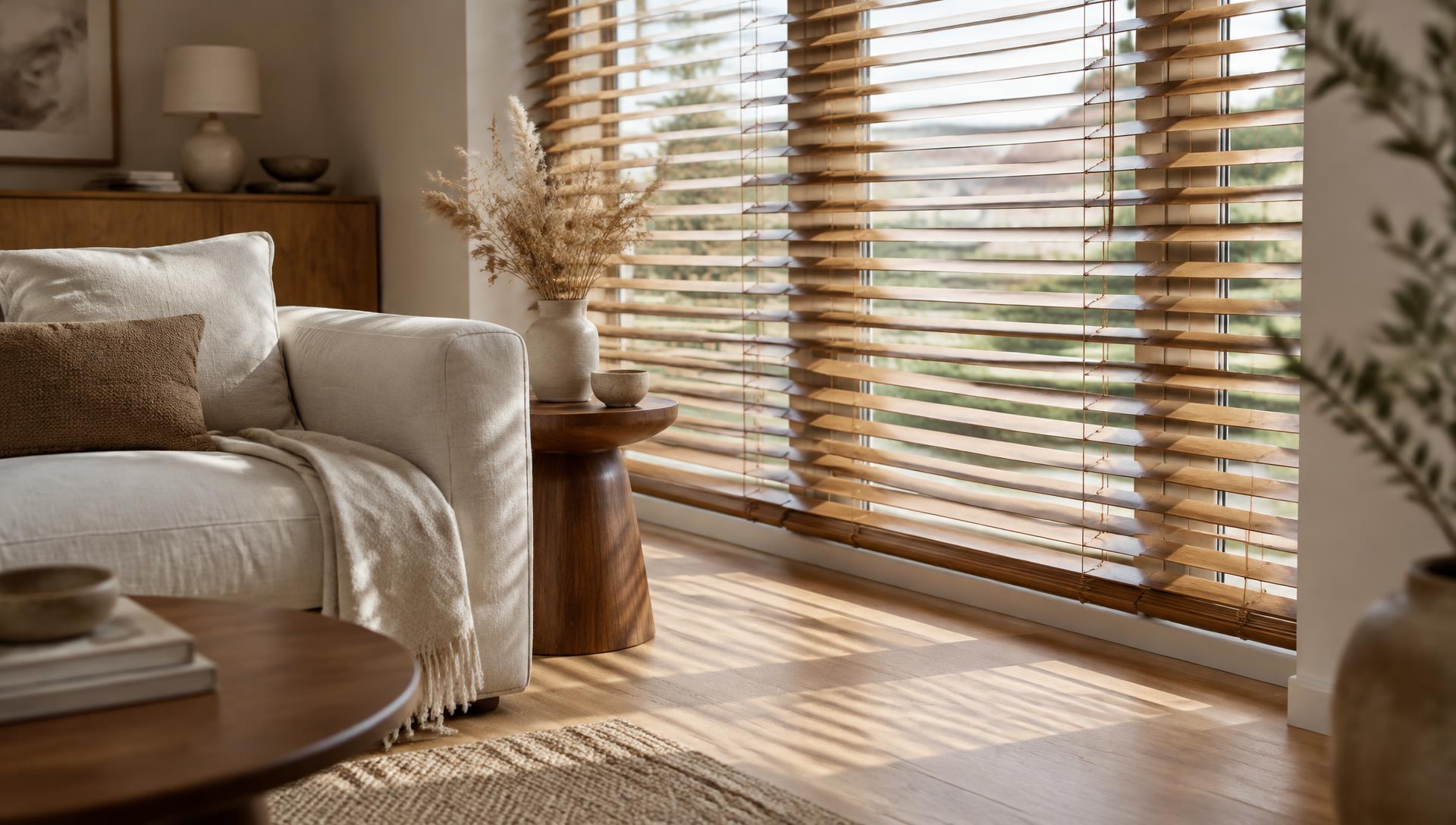 Lichte woonkamer met houten jaloezieën voor een hoog raam in zacht daglicht
