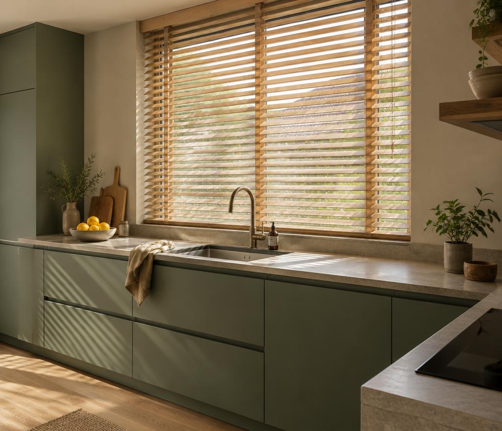 Keuken met brede houten jaloezieën boven het aanrecht in de ochtendzon