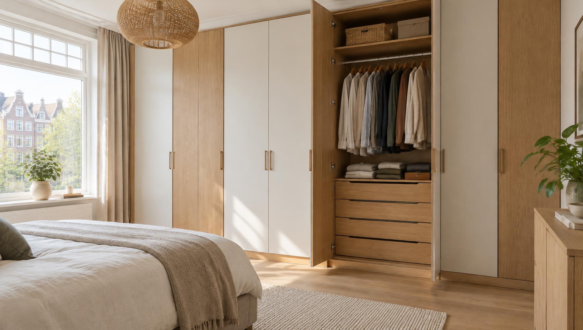 Draaideurkast op maat in eiken en wit, met één deur open op een netjes ingedeeld interieur