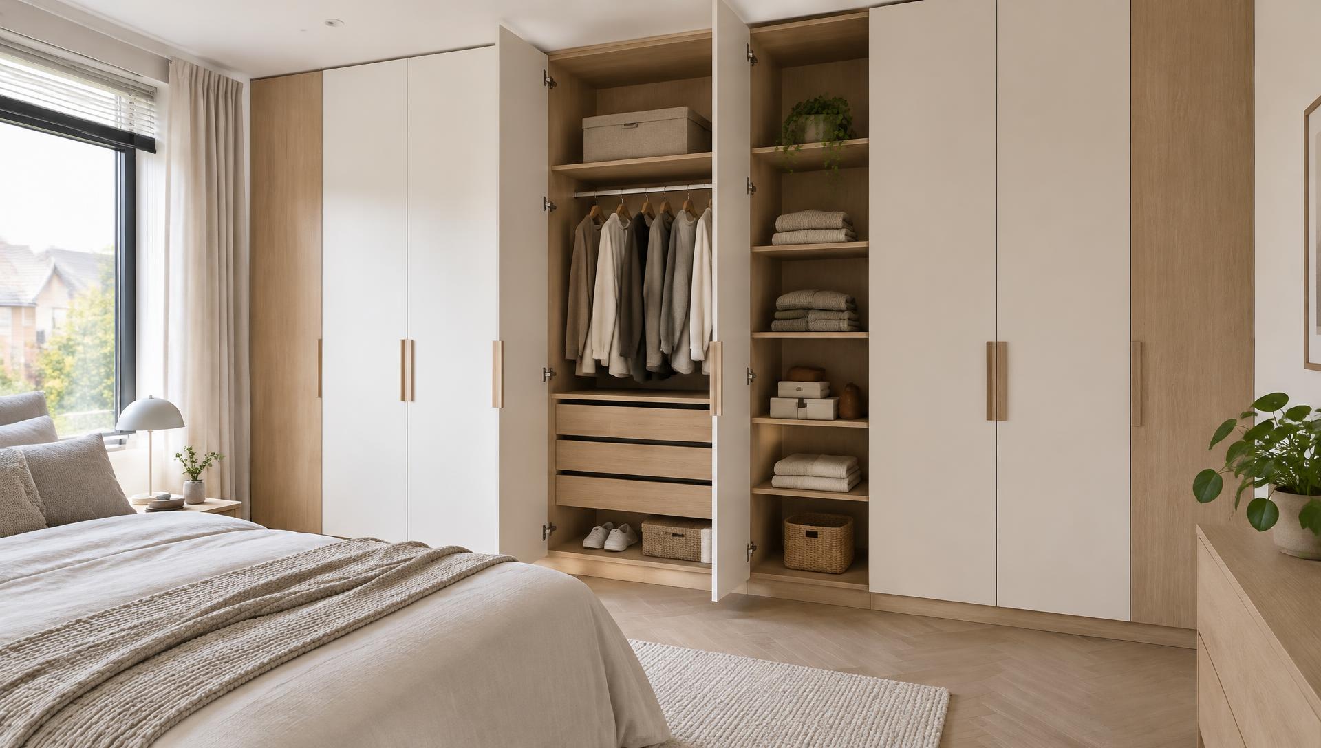 Kast op maat met open draaideuren in een lichte slaapkamer