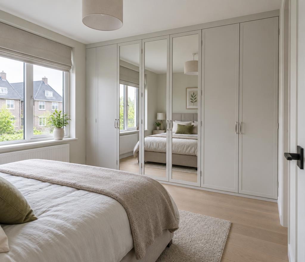 Draaideurkast met spiegeldeuren in een lichte slaapkamer