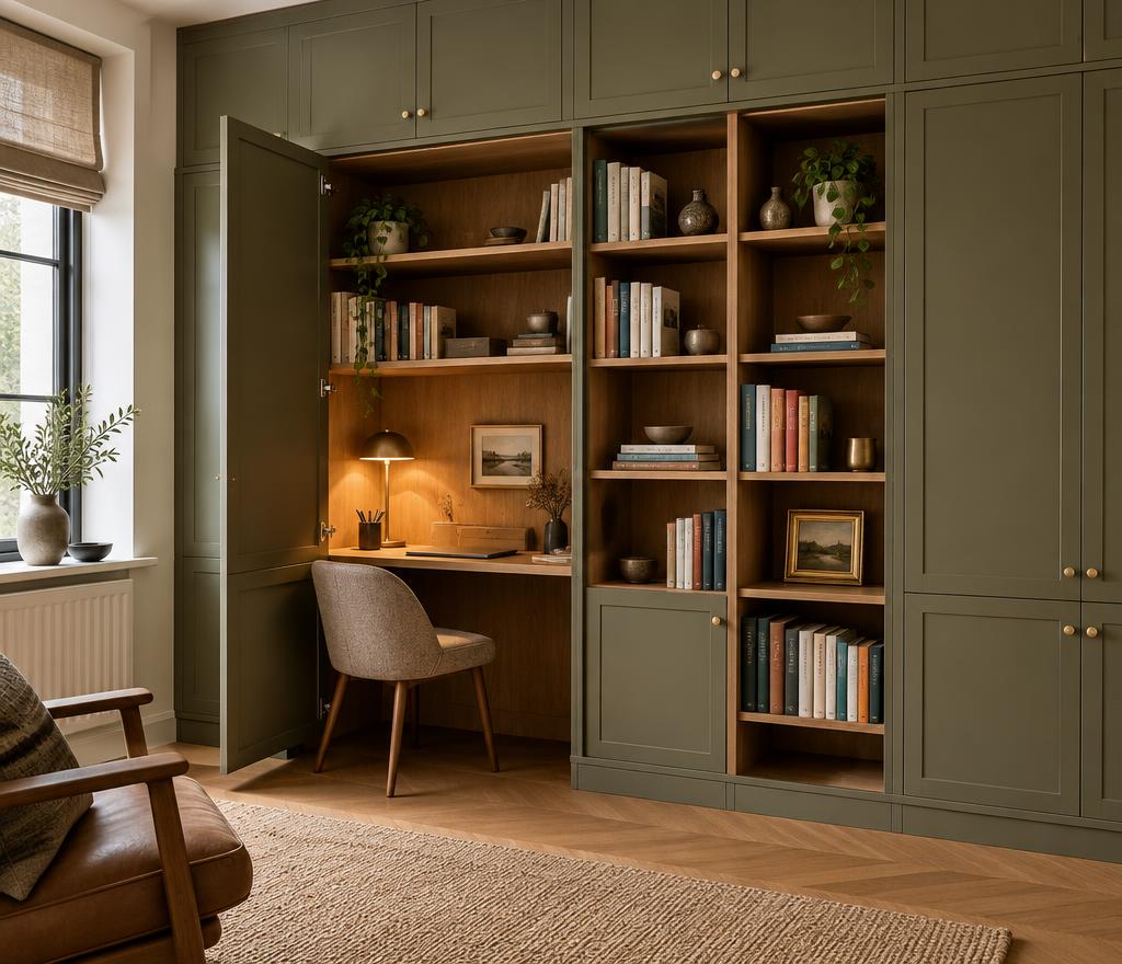 Wandkast met open boekenvakken en een werkplek achter een draaideur