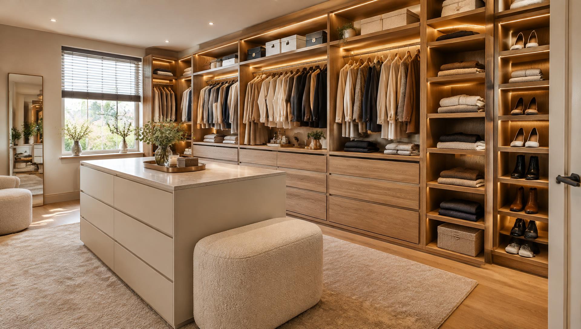 Luxe inloopkast met open vakken, hangende kleding, schoenenrekken en een lade-eiland met verlichting