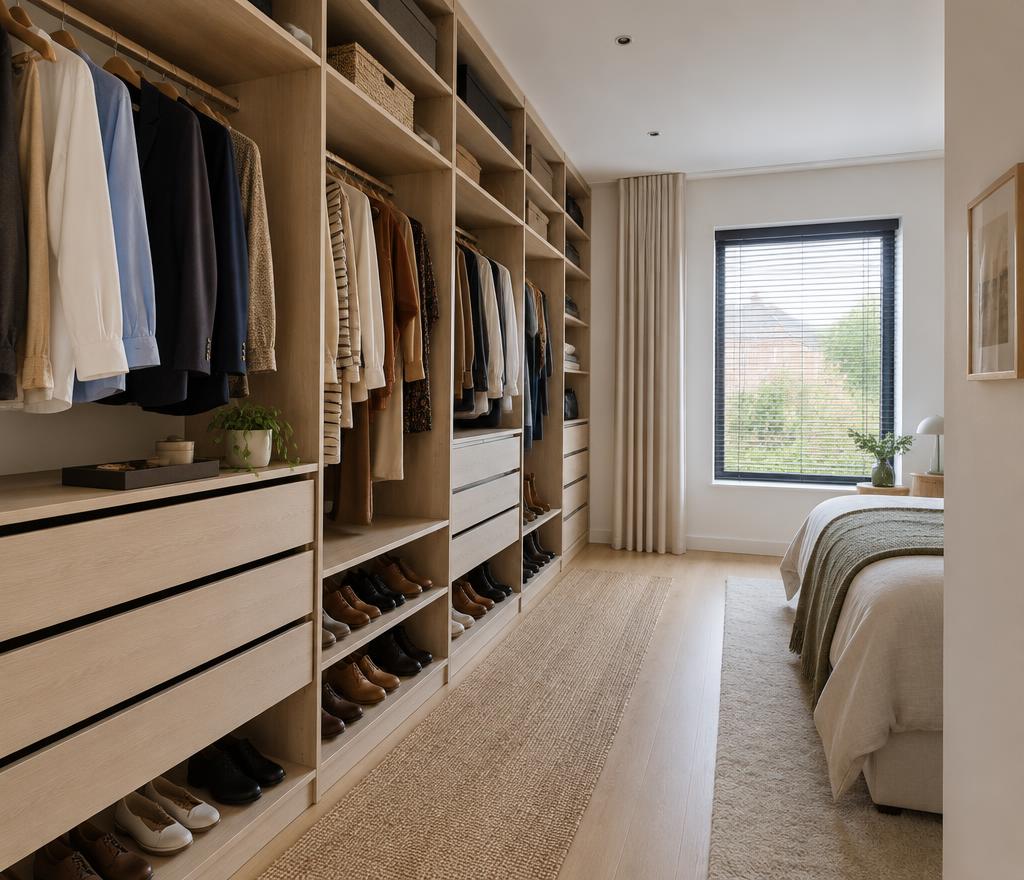Langwerpige inloopkast langs een wand van een lichte slaapkamer
