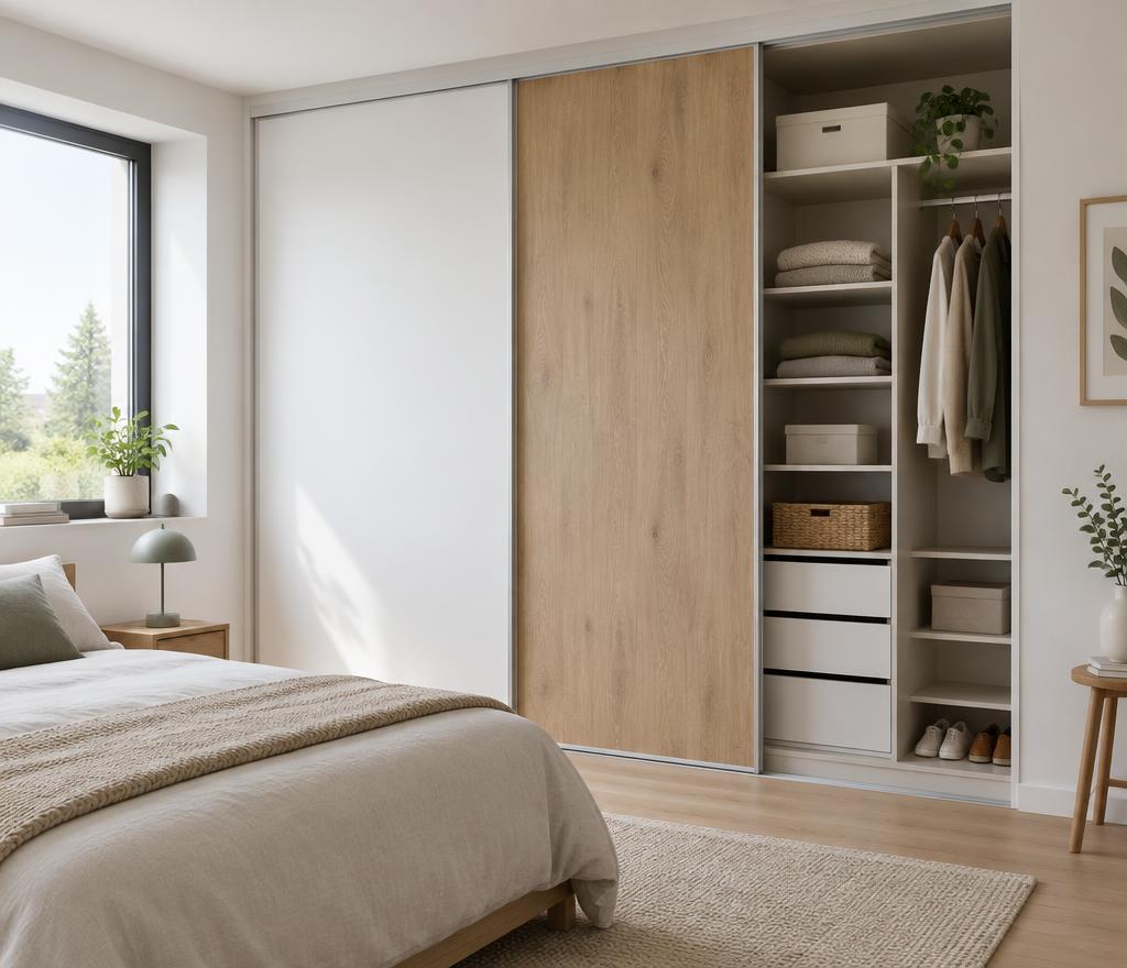 Schuifdeurkast op maat met witte en houten deuren in een slaapkamer