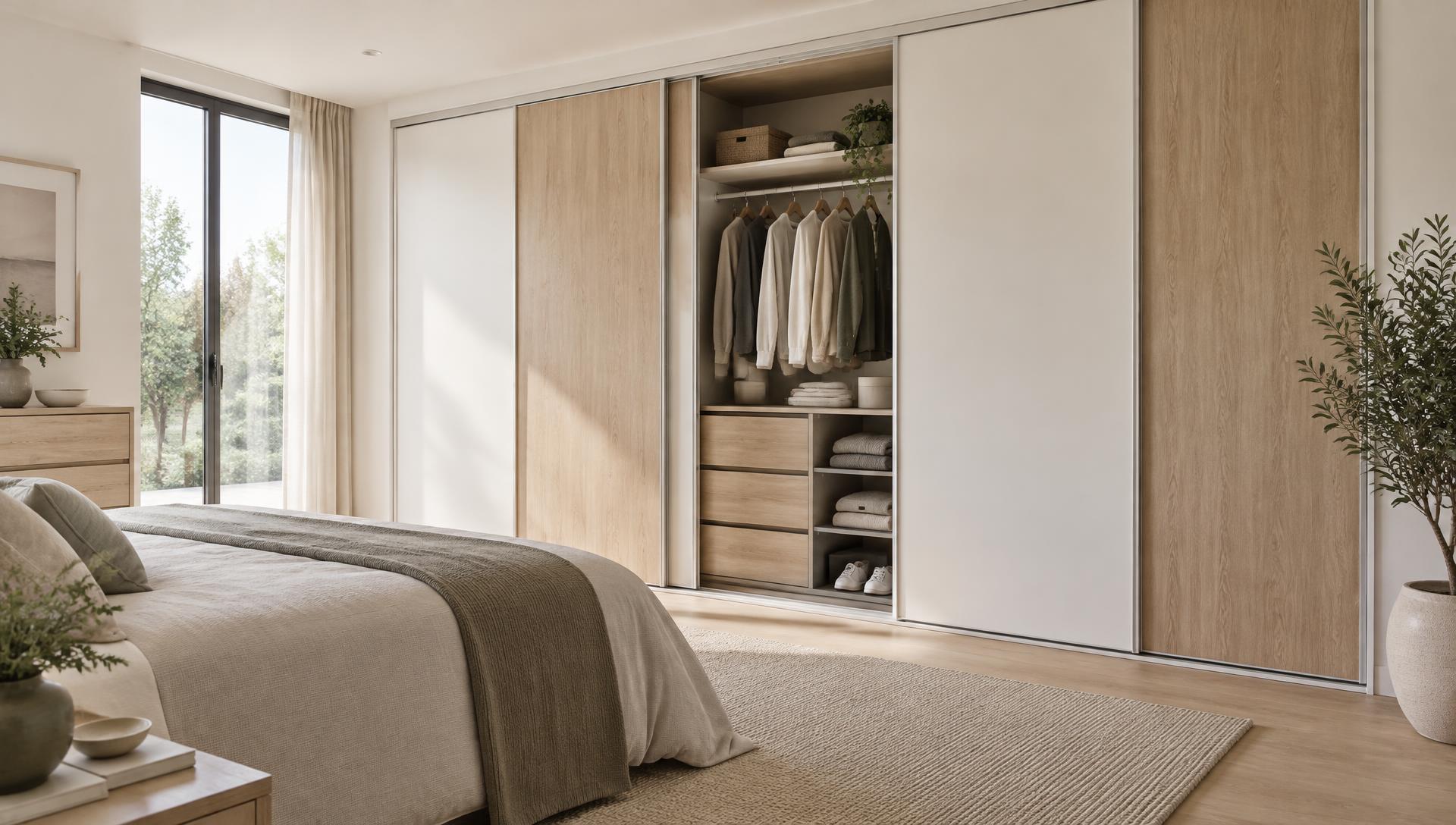 Schuifdeurkast op maat met witte en houten deuren in een lichte slaapkamer