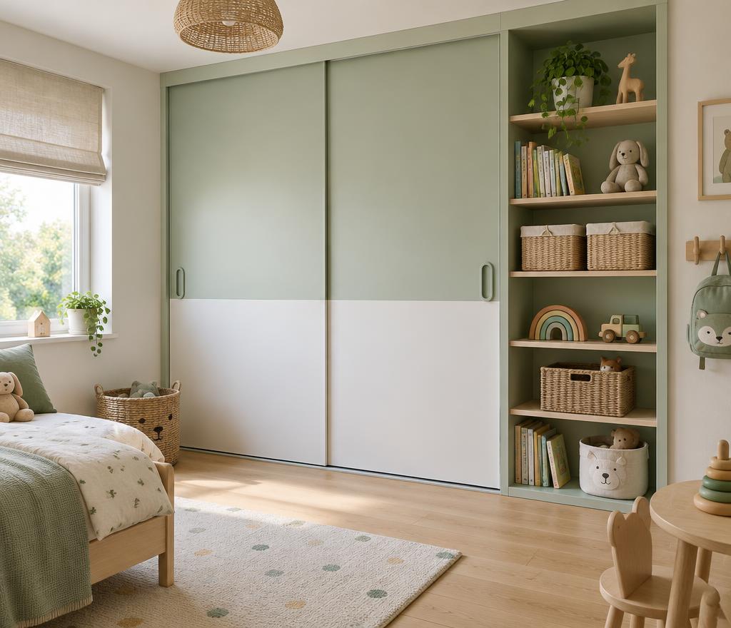 Schuifdeurkast met tweekleurige deuren in een kinderkamer