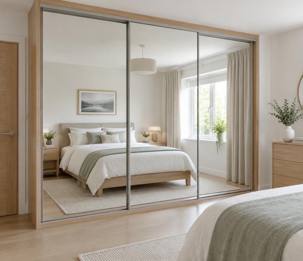 Schuifdeurkast met spiegeldeuren in een lichte slaapkamer