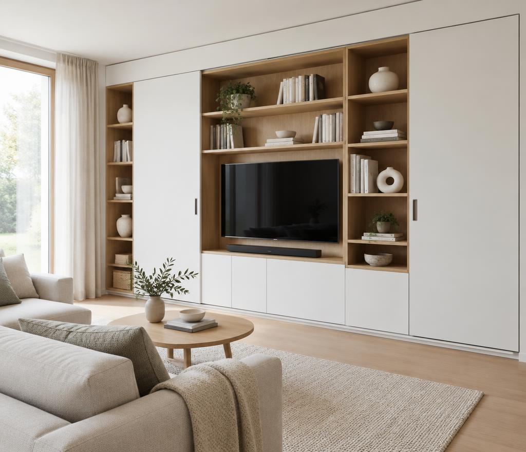 Wandmeubel met open vakken en gesloten schuifdeurelementen in een woonkamer