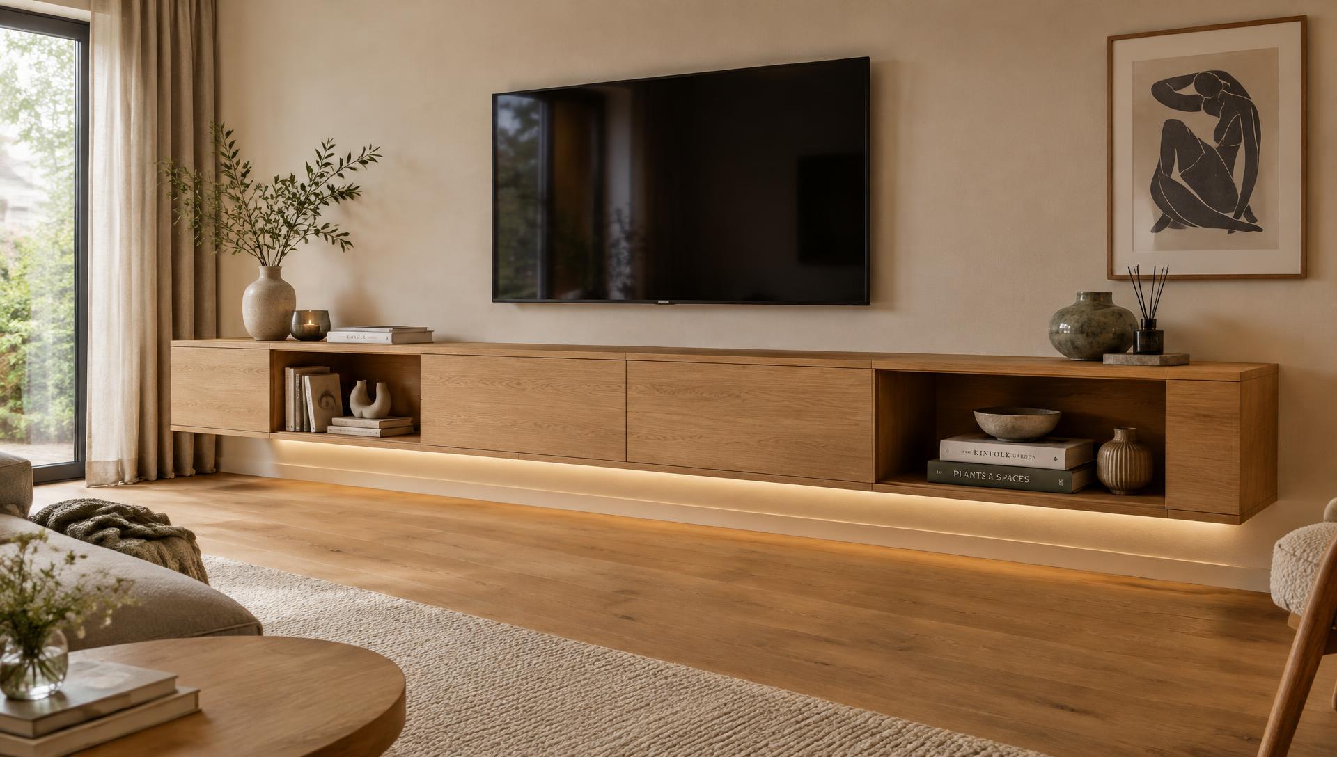 Zwevend wandmeubel op maat in eiken met televisie, open vakken en sfeerverlichting
