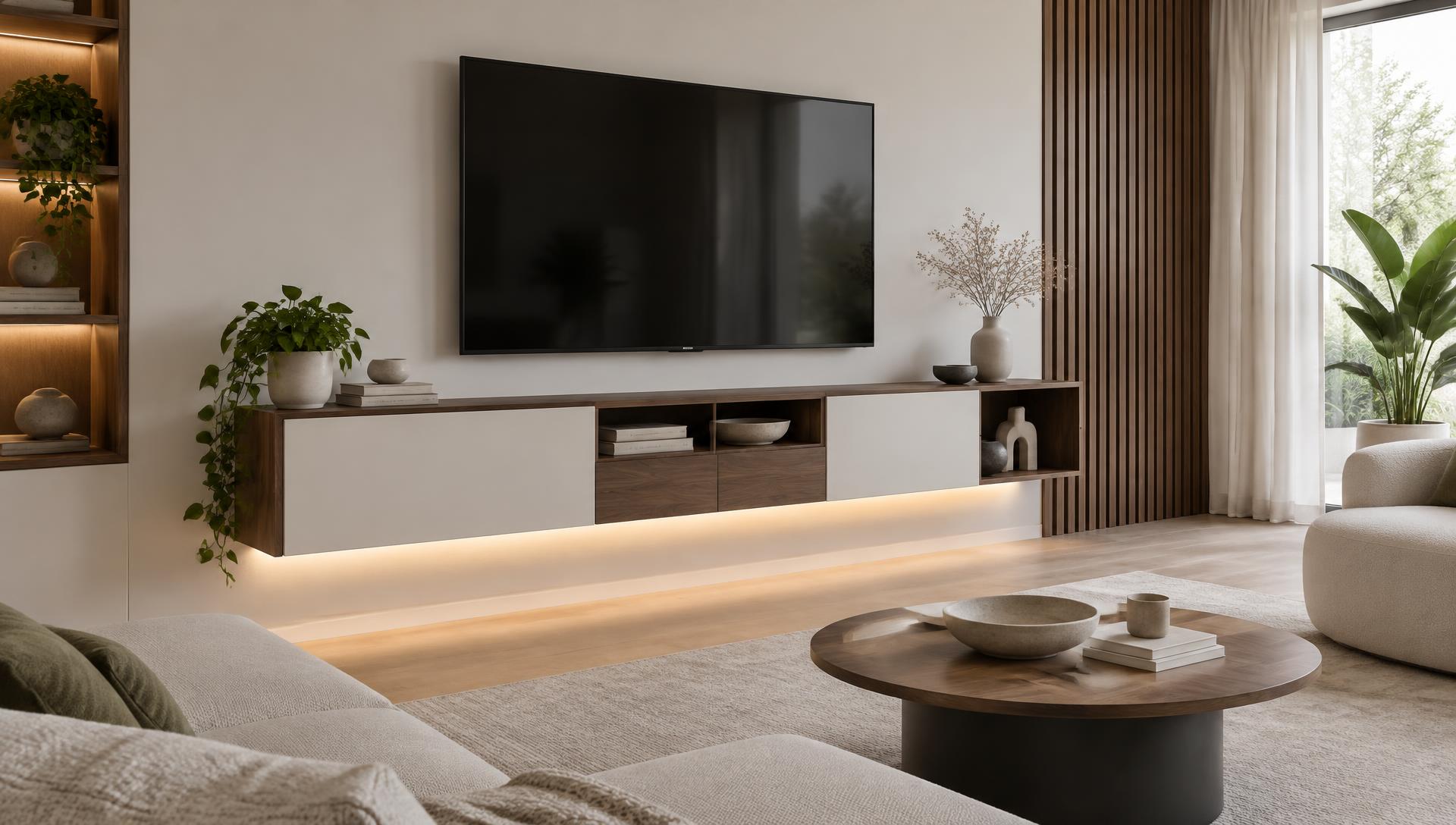 Zwevend wandmeubel op maat in donker hout met televisie en verlichting