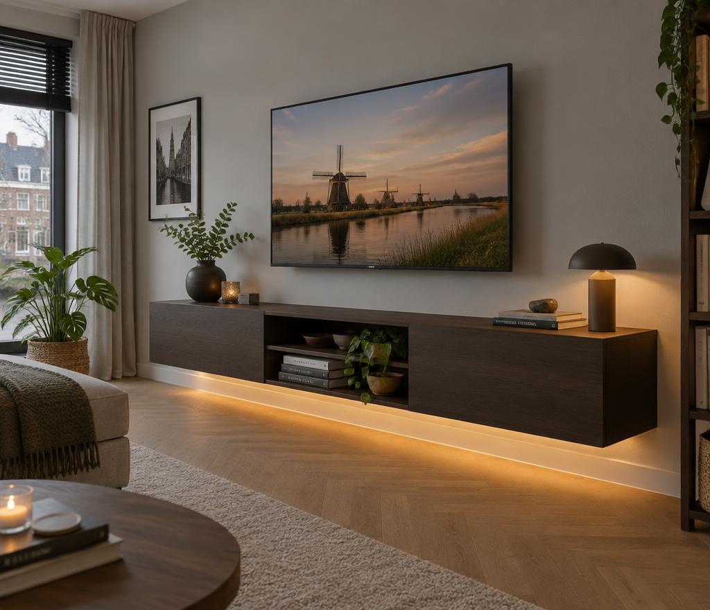 Zwevend wandmeubel in donker hout onder een televisie, met sfeerverlichting