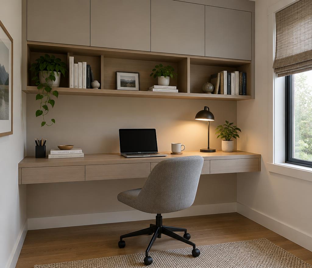Wandmeubel met zwevend bureau en hangkasten in een thuiswerkkamer