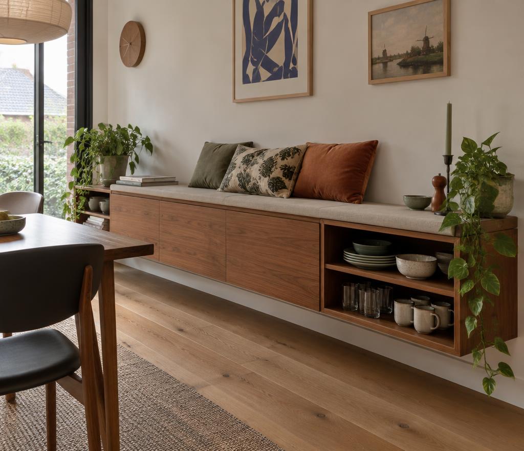 Laag zwevend wandmeubel met kussens als zitbank in een eetkamer
