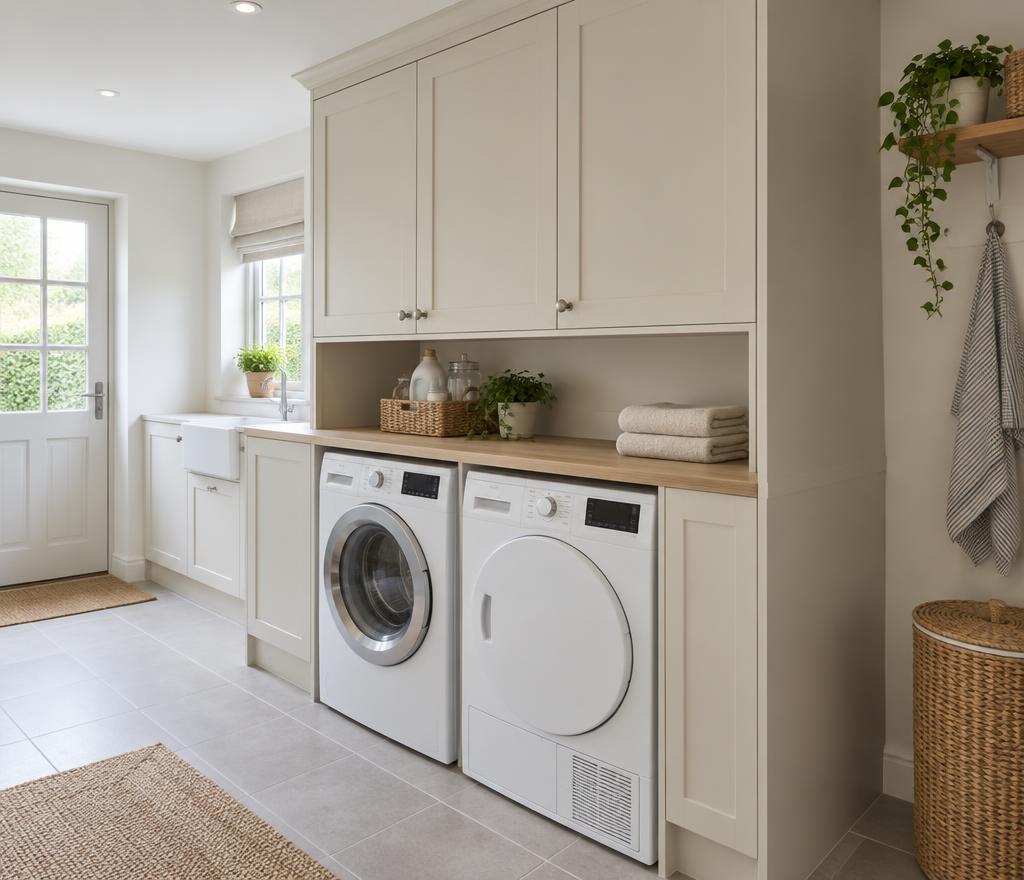 Wasmachinekast op maat met wasmachine en droger onder een werkblad