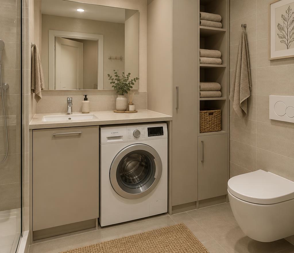 Wasmachine weggewerkt onder het wasblad in een badkamer met hoge handdoekkast