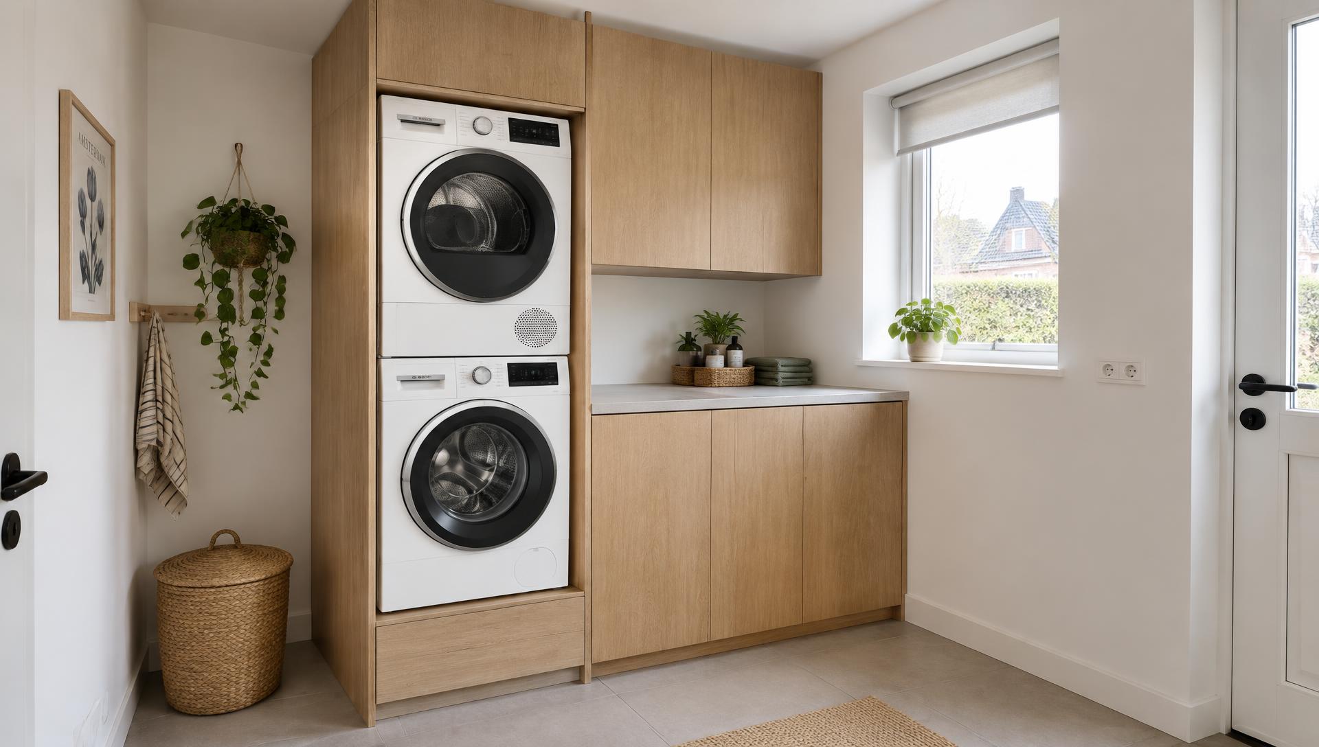 Wasmachine en droger gestapeld in een eiken kast op maat, naast een werkblad met hangkasten