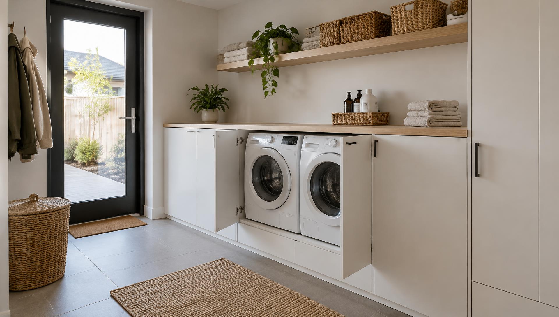Wasmachinekast op maat met wasmachine en droger achter nette deuren