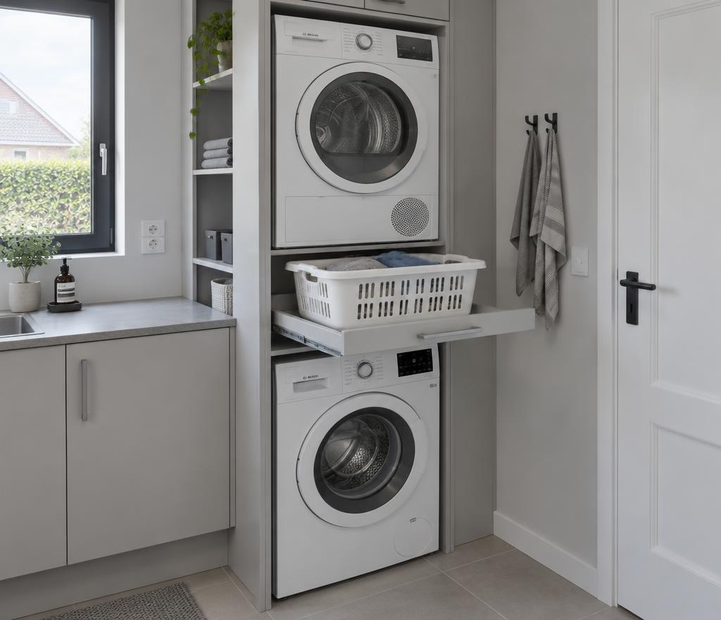 Wasmachine en droger gestapeld op werkhoogte in een kast met uittrekschap voor de wasmand