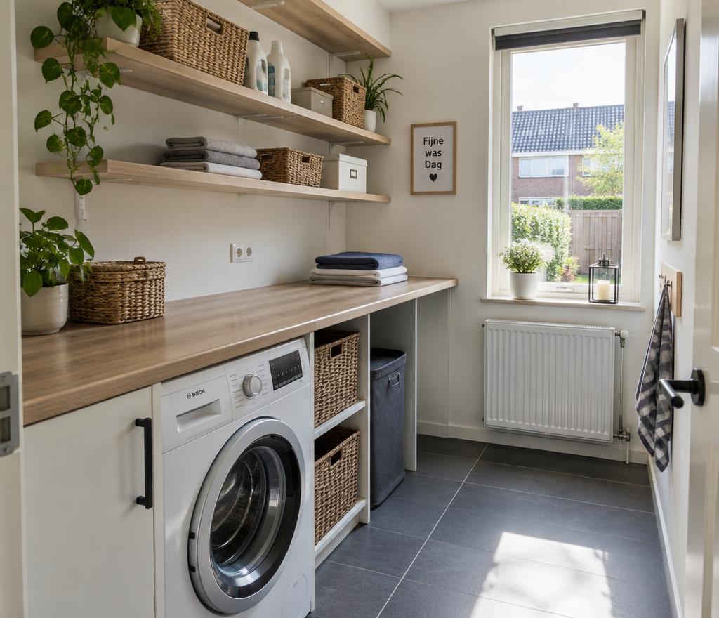 Wasmachine onder een lang werkblad met open planken en manden in een lichte bijkeuken