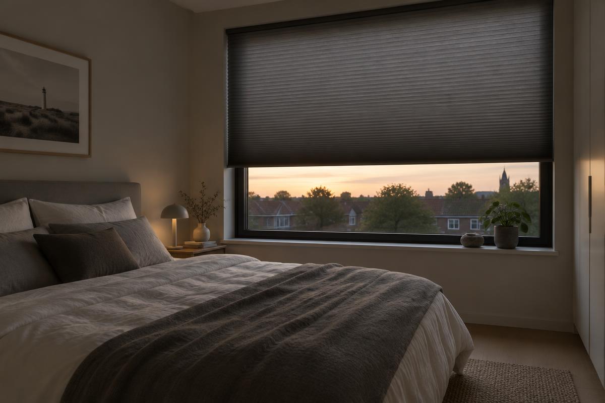 Slaapkamer met verduisterend plisségordijn bij zonsondergang