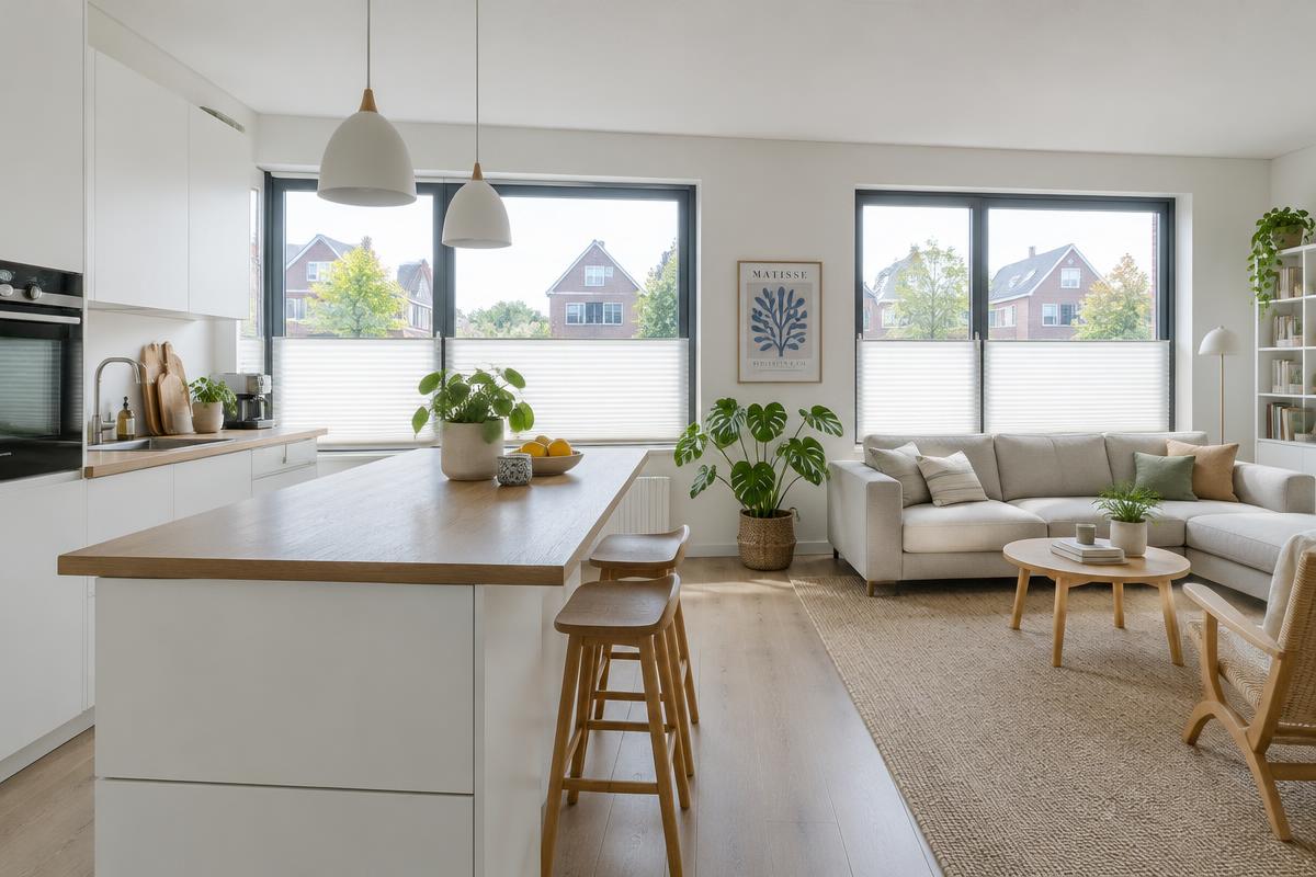 Open keuken met witte plisségordijnen in brede ramen