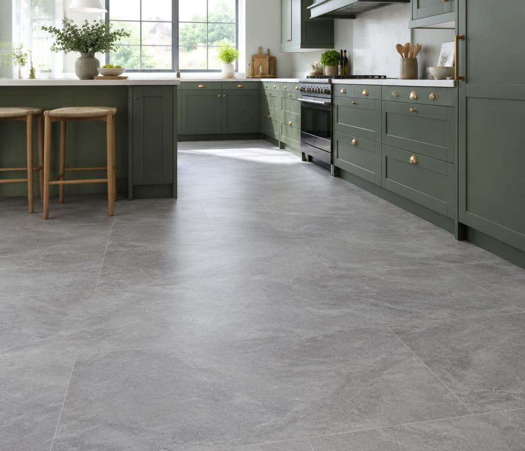 Grijze PVC-tegels met steenlook in een keuken