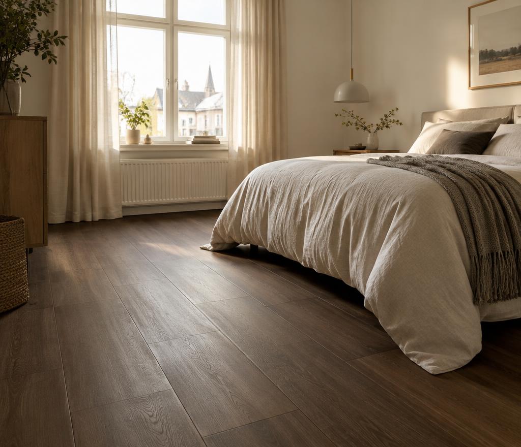 Slaapkamer met donkere eiken pvc-vloer en zacht ochtendlicht