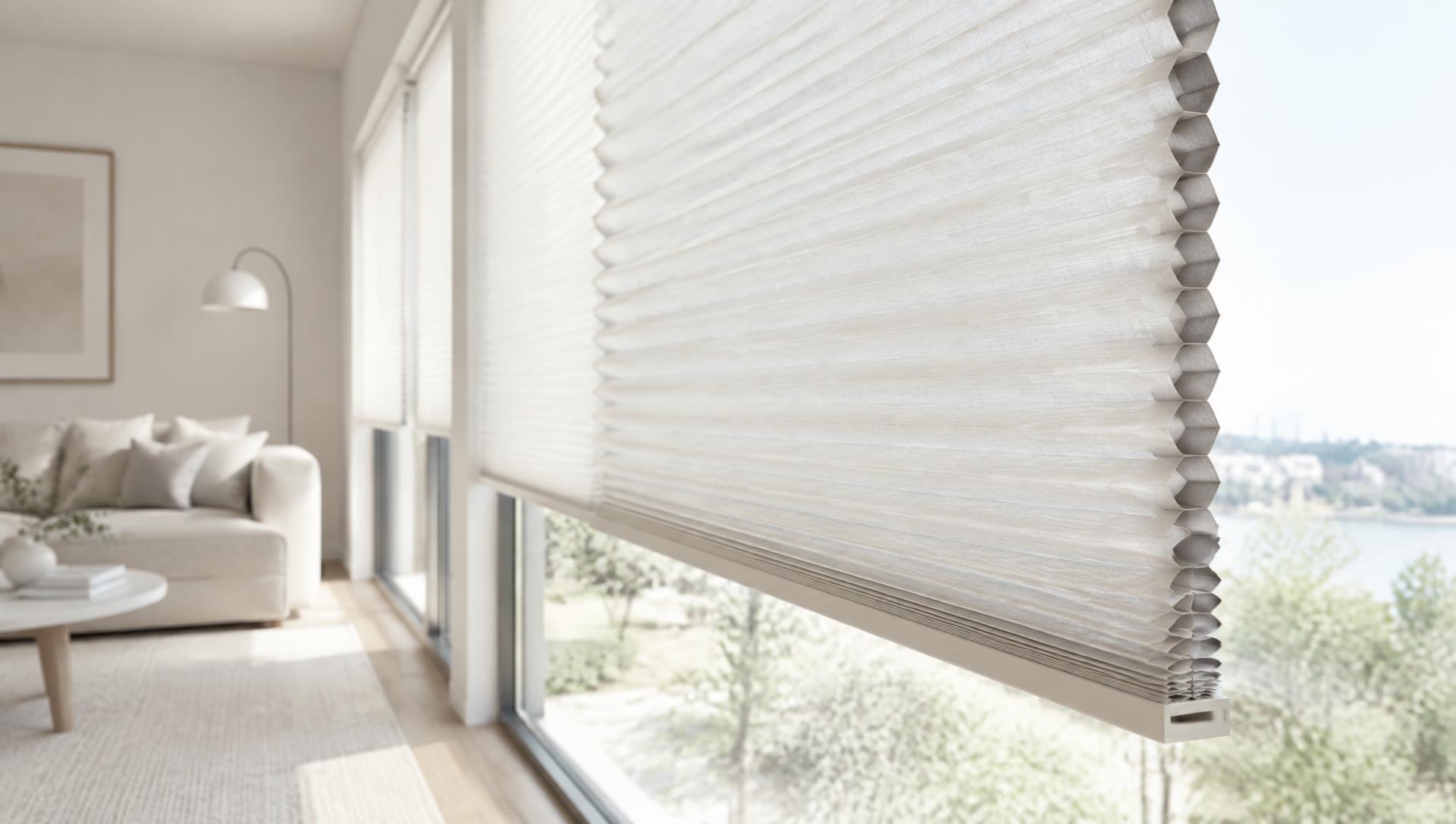 Duette Shades met honingraatstructuur op een groot raam in een lichte woonkamer