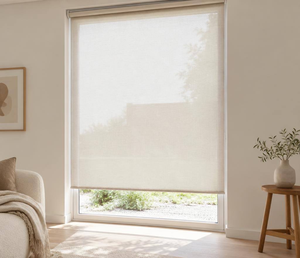 Rolgordijn voor een hoog raam in een strak interieur