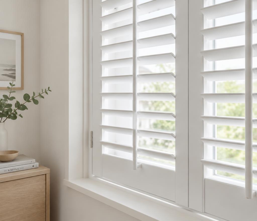 Witte houten shutters met verstelbare lamellen voor een raam