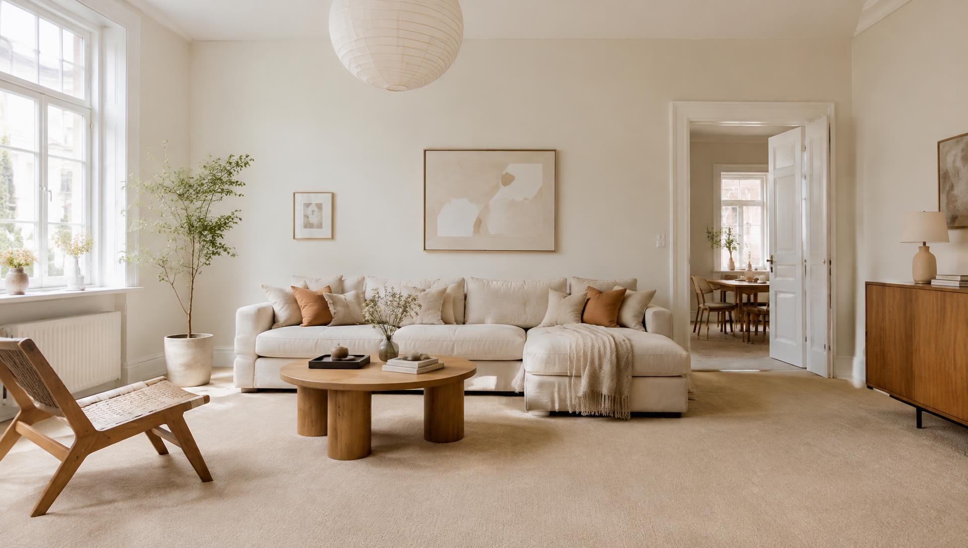 Woonkamer met zacht beige tapijt