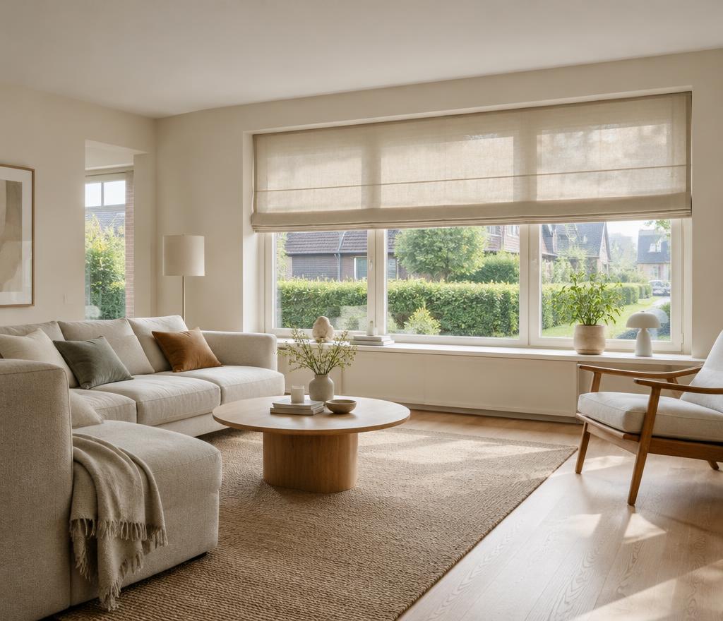 Licht vouwgordijn boven een raam in een lichte woonkamer