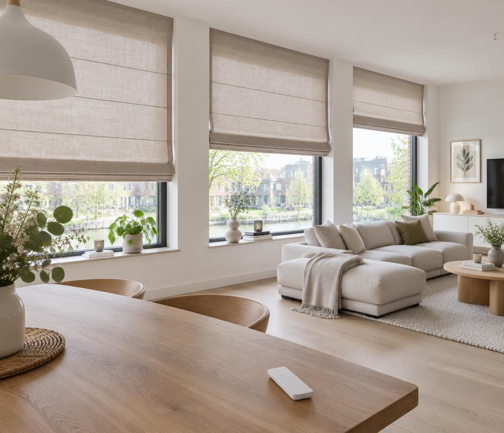 Woonkamer met vouwgordijnen op verschillende hoogtes, met de afstandsbediening op tafel