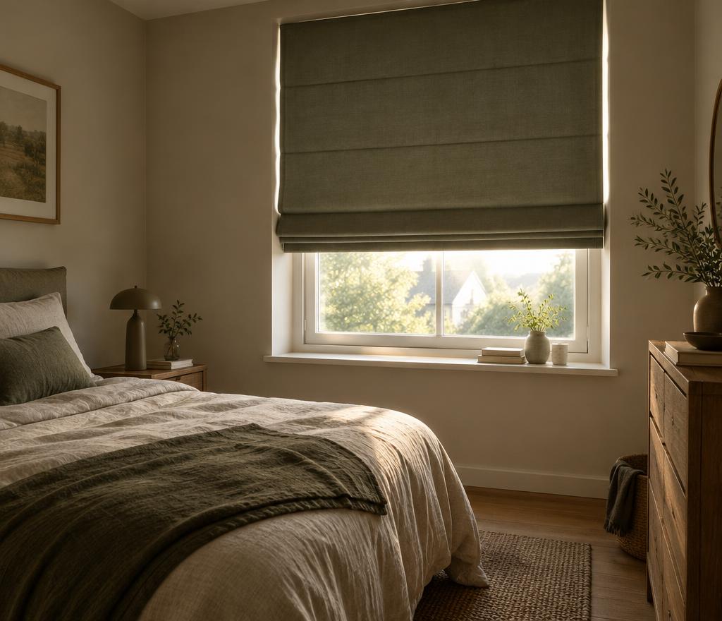 Slaapkamer met een verduisterend vouwgordijn dat het ochtendlicht tegenhoudt